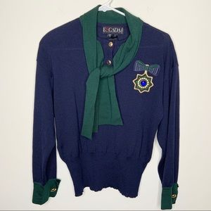 Escada Blue Green Jewel Bow Pendant Sweater 36